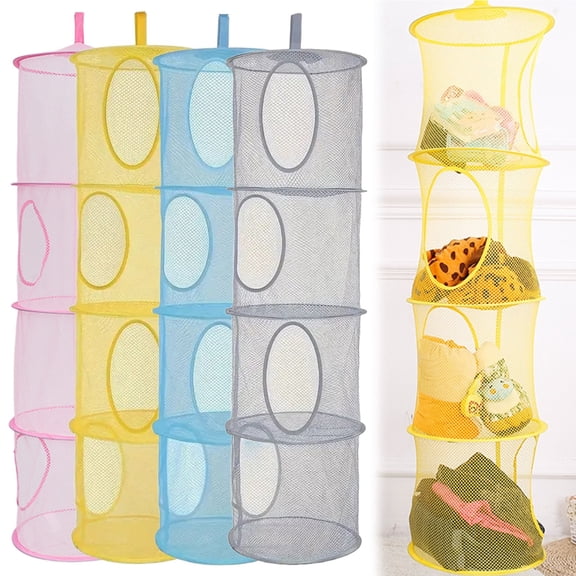 Hanging Storage Basket Cozival 4-Tier Foldable Hanging Storage Basket - Multi-Layer Compartment Organizer Net, Space-Saving Clothes & Small Items Storage Solution, Foldable Organizer Net, A