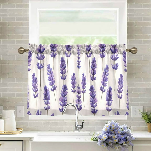 Yayeee Kitchen Curtains Tier Pair Light Filtering 27"x36" Rod Pocket Short Cafe Window Panel, Lavender Pattern