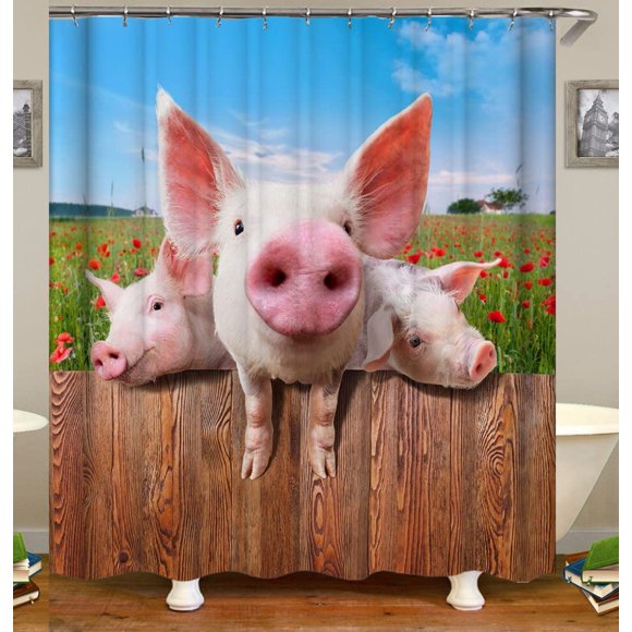 Farmyard Fun Fabric Shower Curtain - Charming Three Little Pigs Design, Polyester, Decorative Bathroom Curtain with Hooks, 72x72 Inches