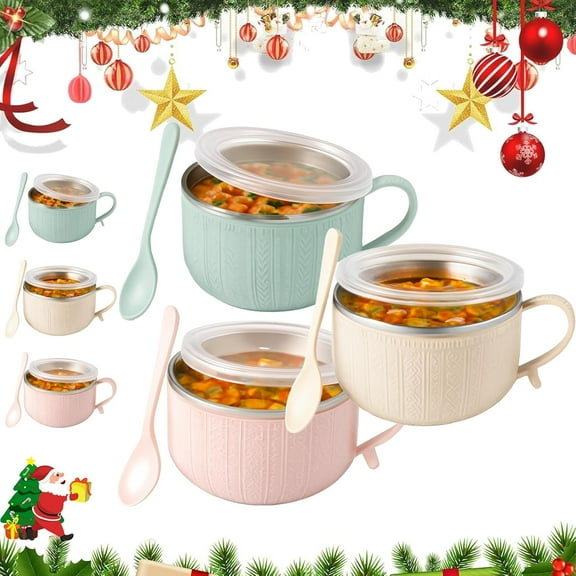 Set of (4) 25-Oz Mug Meals W/Lid-Its,2026 New Large Stainless Steel Soup Mugs with Handles,Lids & Spoon for Coffee,Soups, Stews,Instant Noodles,Ideal Christmas,Holiday Winter Mug Set