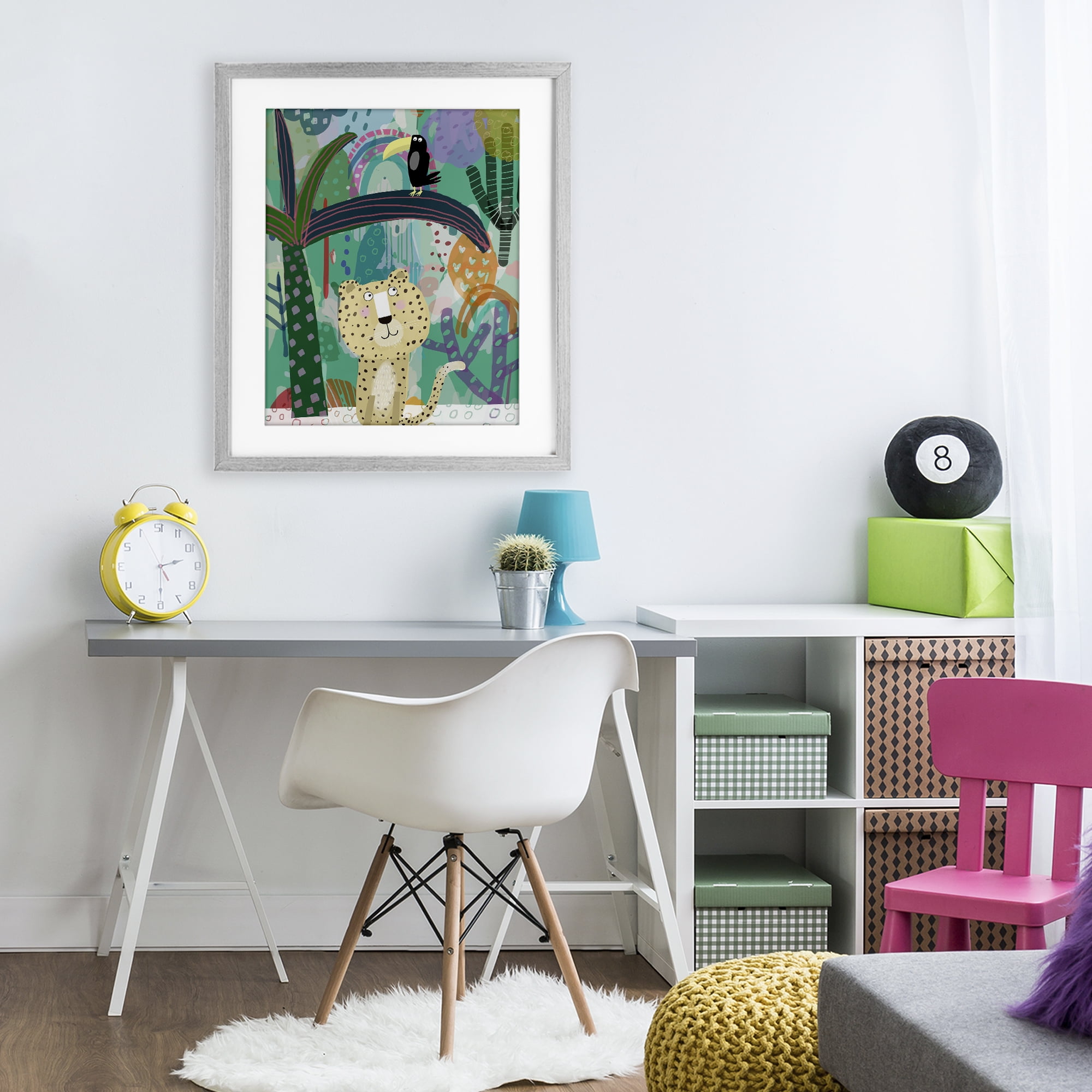 Jungle Cheetah & Toucan Gray Framed Print Under Glass, design by Carla Daly