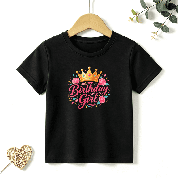 Girls Graphic Tees Birthday Girl Crown Kids T Shirt Floral Party 100% Cotton Short Sleeve Soft Tops 4-13Y