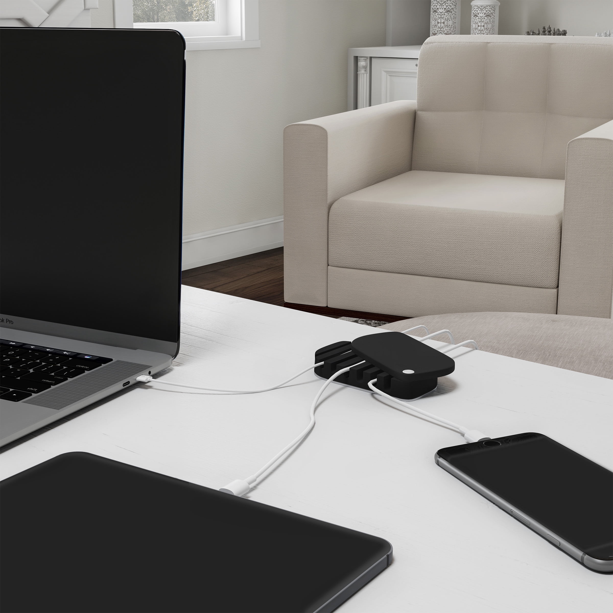 Silicone  Stainless Steel Simple Cord Cable Management Desk Organizer with 7 Slots for Cords (Black)