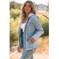 thumbnail image 2 of POGLIP Women's Sky Blue Button Closure Ripped Hooded Denim Jacket, 2 of 6