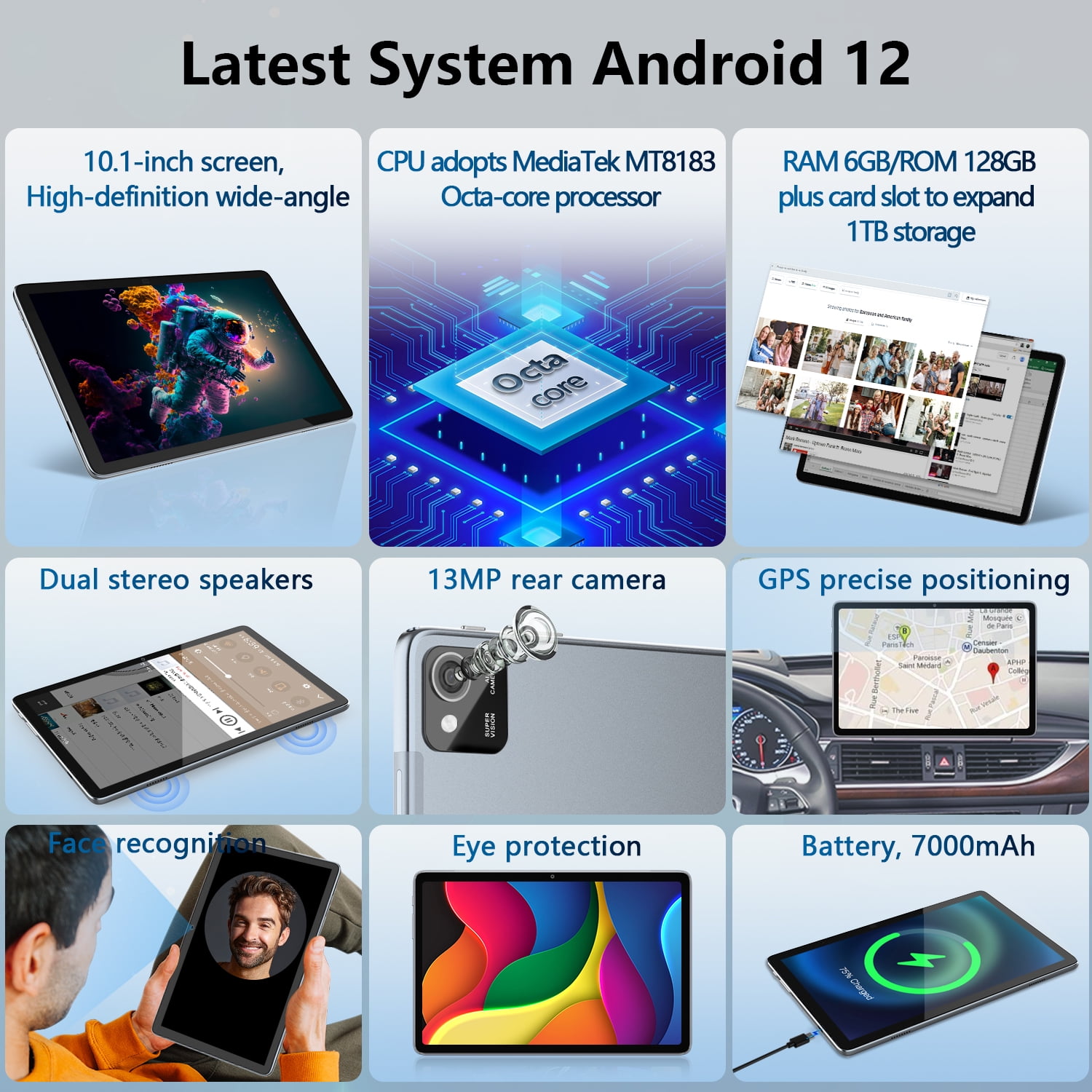 Hot Pepper Android Tablet, Tablets Android 12 6GB RAM+128GB ROM Support 1 TB Expand,1200*1920 IPS Tablet with 8MP+13MP Camera,Bluetooth 5.0,GPS,Parental Control