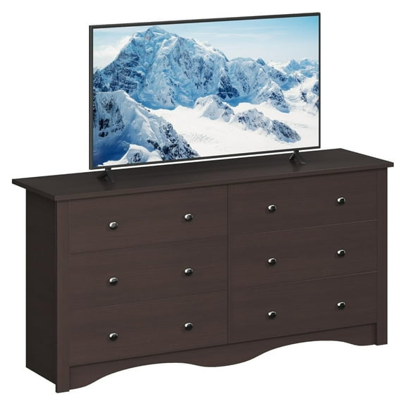 6 Wood Drawers Dresser for Bedroom, Double Dresser for TV up to 65 inch, TV Stand Storage Chest of Drawers for Living Room Hallway Entryway (Brown)