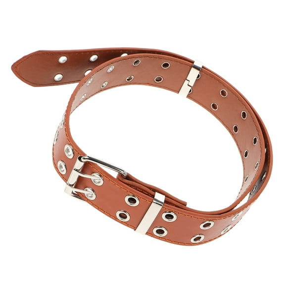 FRCOLOR Women's Double Grommet Belt Punk Chain Belt Wide PU Waist Belt Brown Studded Belt Plus Size Adjustable Grommet Belt for Women Girls