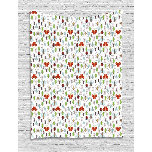Animals Tapestry, Insects Pattern Butterfly Wasp Ant Ladybug and Green Bug Hand Drawn Animals Pattern, Wall Hanging for Bedroom Living Room Dorm Decor, 60W X 80L Inches, Multicolor, by Ambesonne