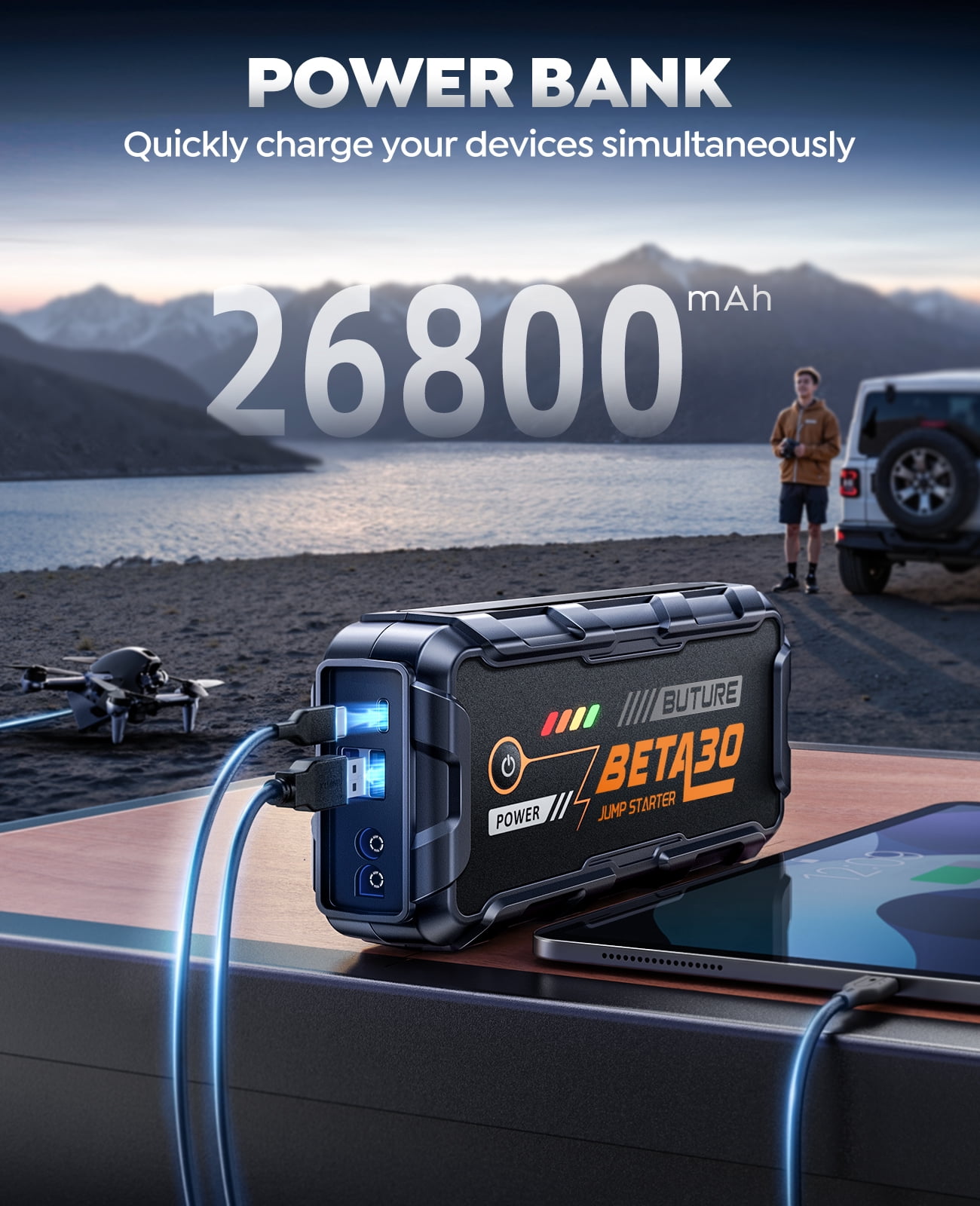 BUTURE 6000A Jump Starter, 26800mAh Portable Car Battery Booster for All Gas & 12L Diesel, 800LM LED Light, 18W Fast Charge Power Bank
