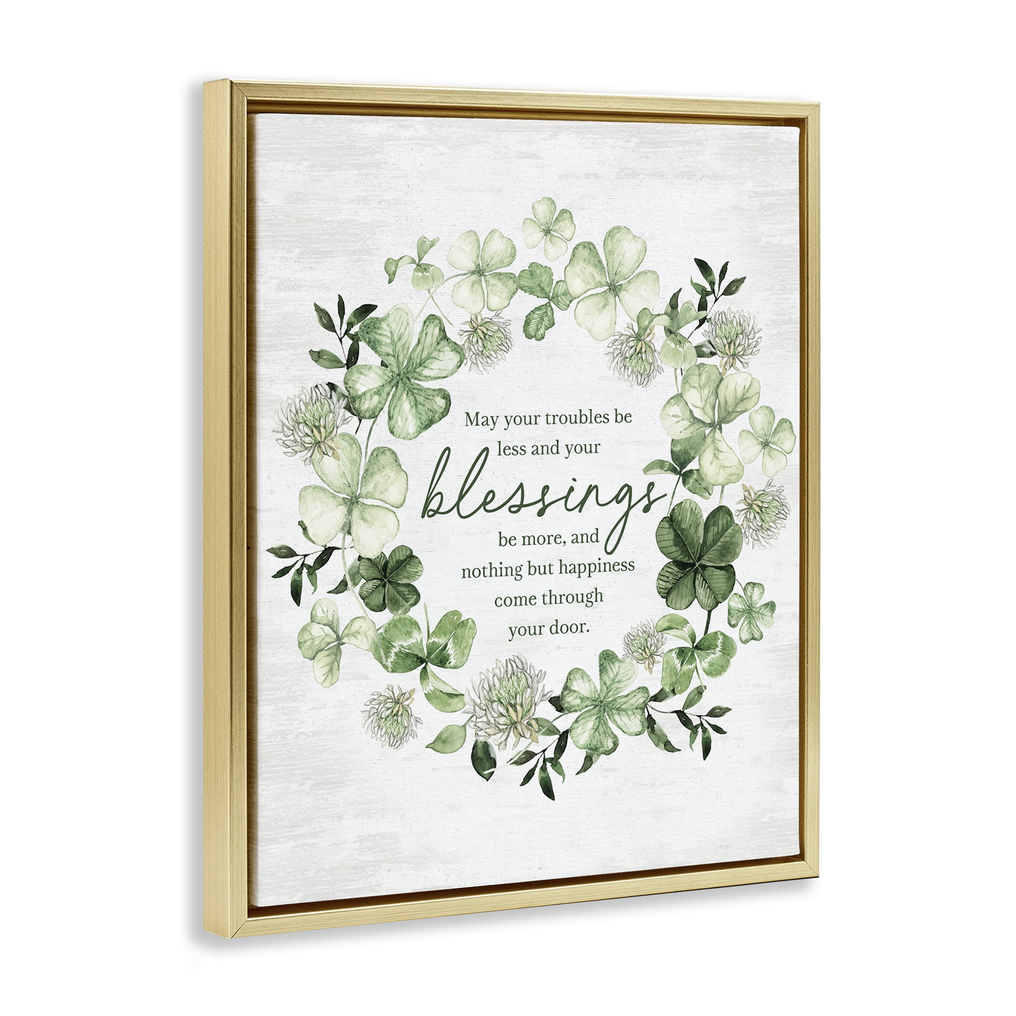 Stupell Industries Clover Wreath Blessing Botanical & Floral Painting Gold Floater Framed Canvas Art Print Wall Art, 17 x 21