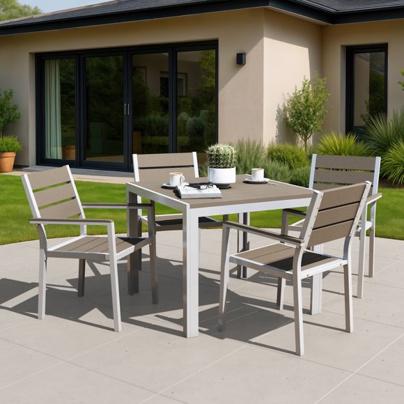 CorLiving Gallant 5-Piece Aluminum and Poly-Wood Outdoor Patio Dining Set with Square Table and 4 Chairs, Silver Grey/Taupe