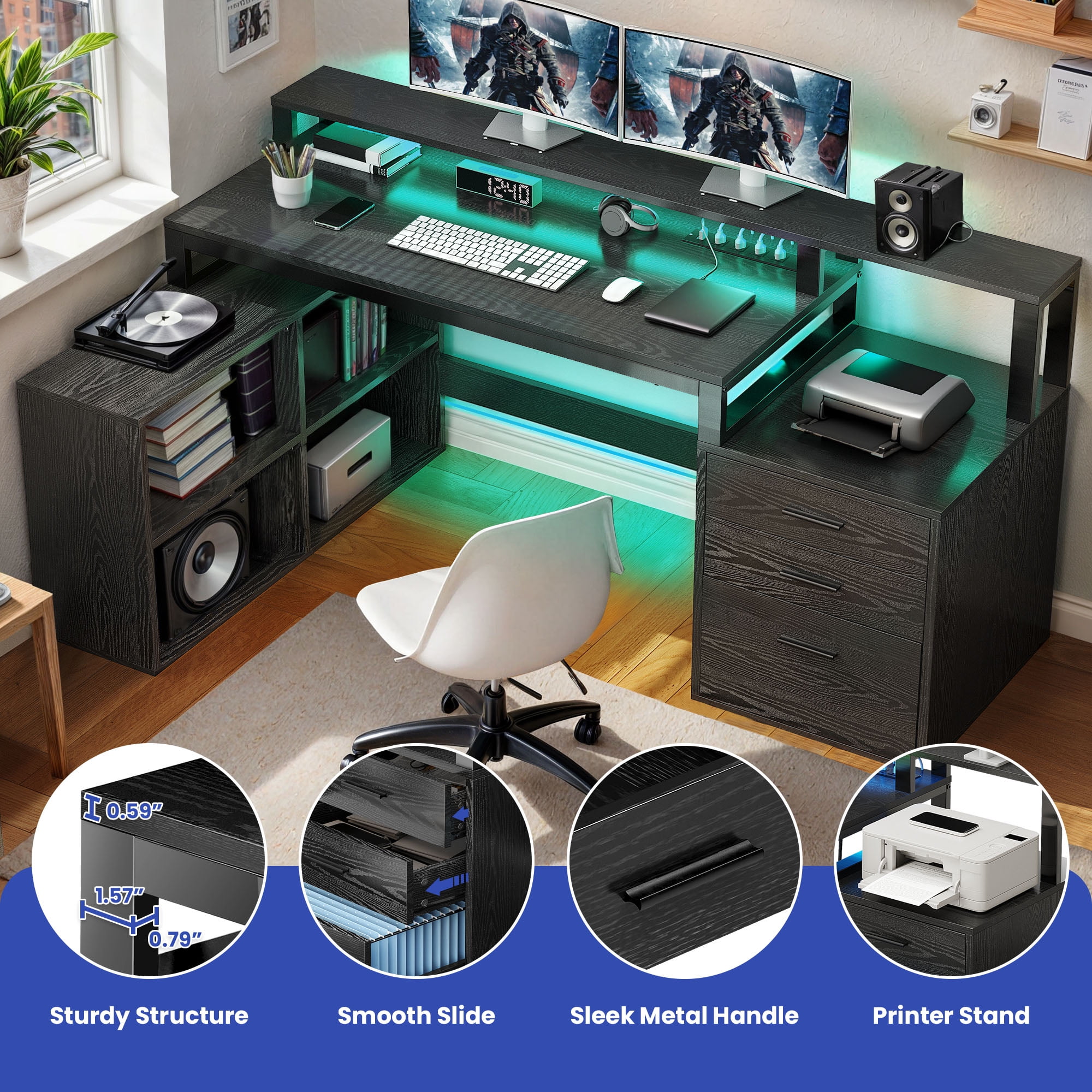 ModFusion 65" Home Office Desk with 3 Drawers & 4 Storage Shelves, L-Shaped Computer Desk with Power Outlets, LED Lights & Printer Stand, Black