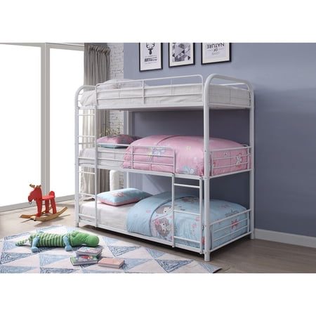 Twin Size Triple Bunk Bed  Metal Triple Bed Frame with Built-in Front Ladders and Safety Guard-Rails  Slats Support Bedroom Guestroom Mattress Foundation for Children Teens Boys Girls Adults  White