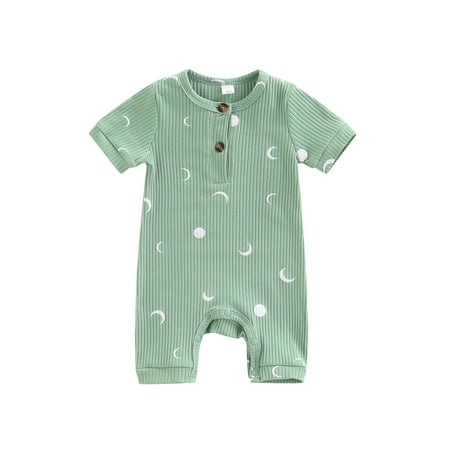 

Calsunbaby Infant Baby Boy Girl Summer Jumpsuit Knit Ribbed Cartoon Moon Prints Romper Short Sleeve O-neck One-Piece Clothes