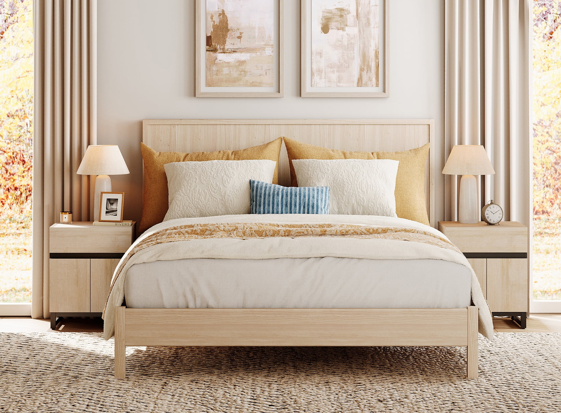 WAMPAT 3-Piece Modern Bedroom Furniture Set, 47-Inch Dresser with 6 Drawers and 2 Nightstands Featuring Drawer and Cabinet Design, Bedroom Set of 3, Beige