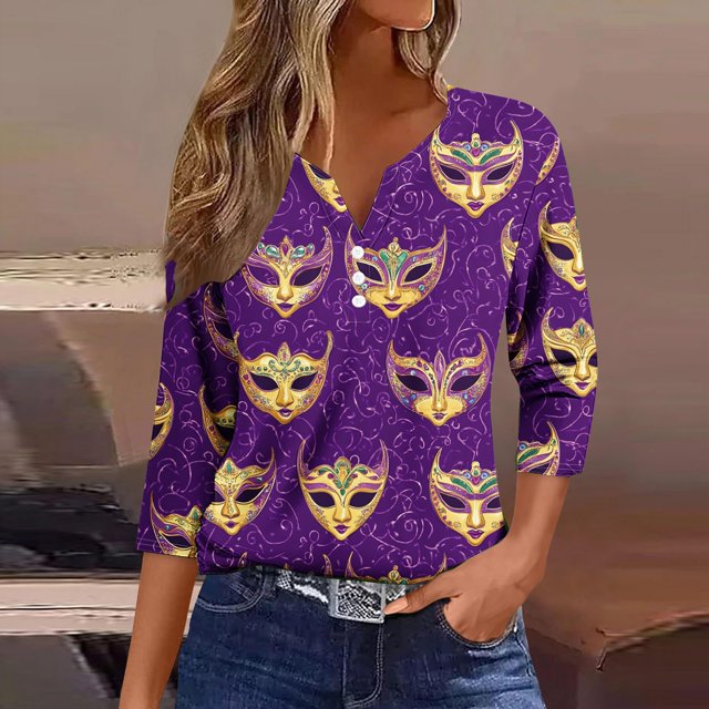 UPPADA Femmes T-Shirts à Manches 3/4 Mardi Gras Yall T-Shirts à Imprimé Floral Col Ras du Cou Blouse à devant Plissé Hauts d'Été Décontractés Chandail à Enfiler Haut Mode Fête Défilé Hauts Hauts à Manches 3/4 pour Femmes Liquidation