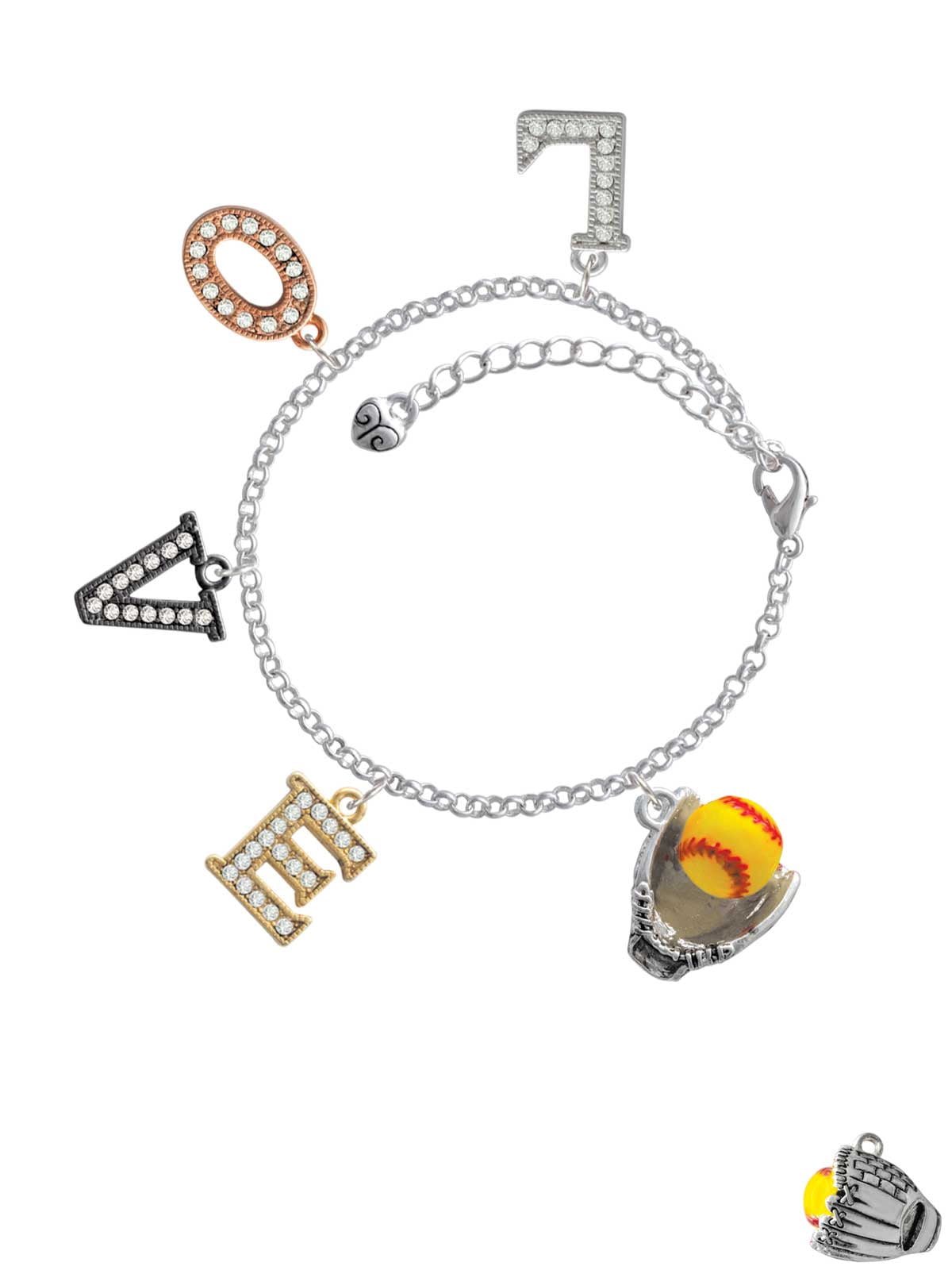 Delight Jewelry Silvertone Extra Large Softball and Glove Multi-Colored Crystal Love Charm Bracelet