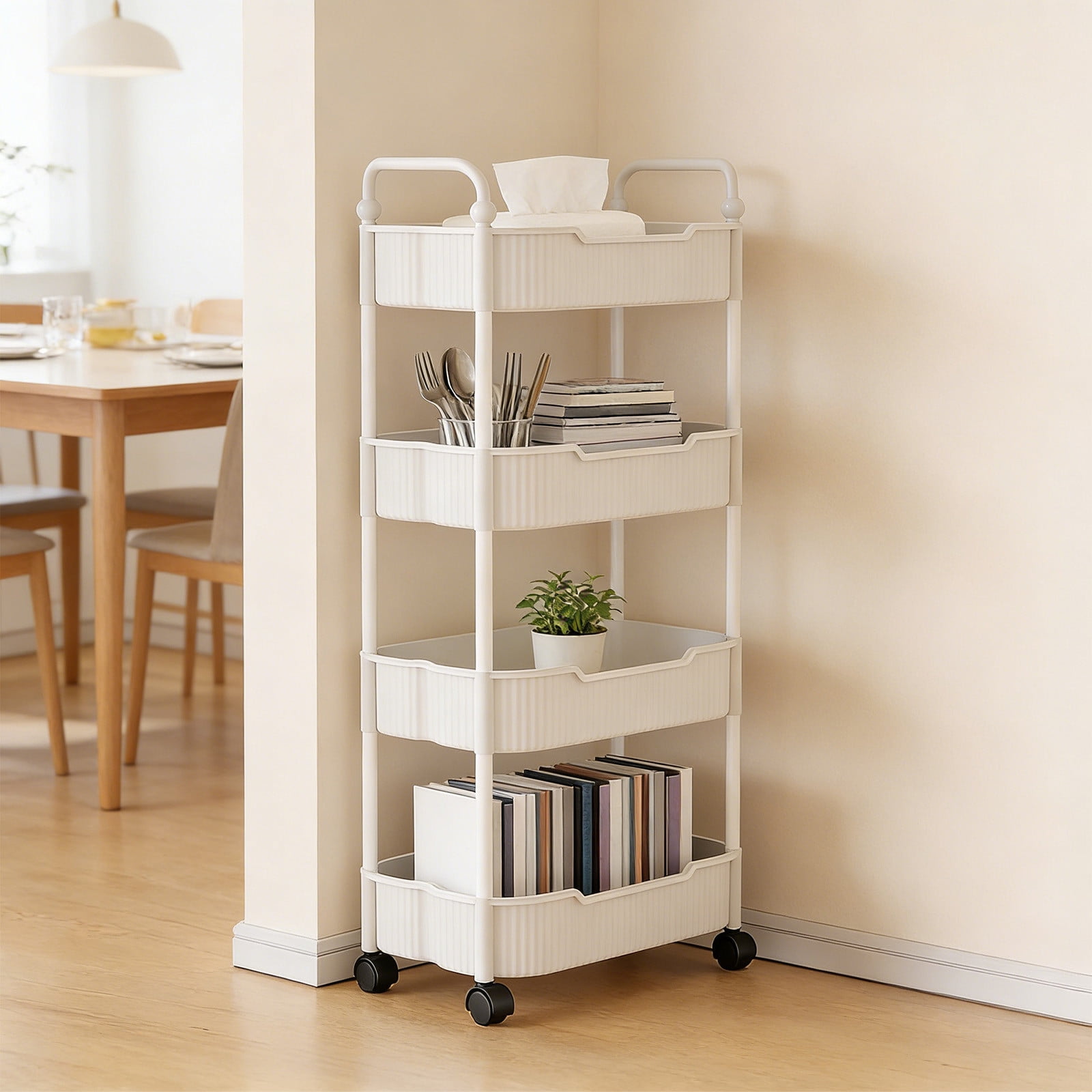 4-Tier Rolling Utility Cart, Multifunctional Storage Organizer with Plastic Shelf & Metal Wheel, Storage Cart for Kitchen, Bathroom, Living Room, Office