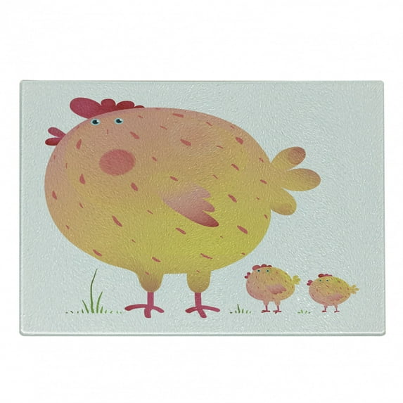 Chicken Cutting Board, Mother Hen and Chicks Farm Animals Agriculture Family Theme, Decorative Tempered Glass Cutting and Serving Board, Small Size, Pale Orange Dark Coral, by Ambesonne