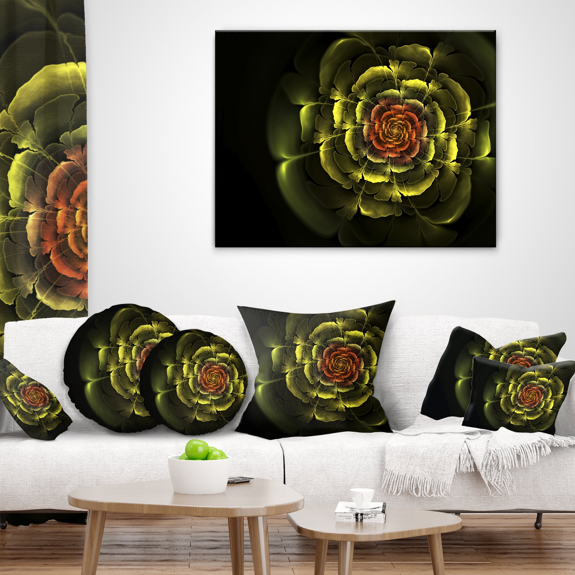 Designart Fractal Yellow Rose in Dark - Floral Throw Pillow - 16x16