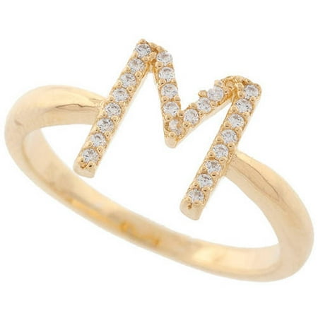 - 18kt Gold-Plated Sterling Silver M Initial Stackable Ring with Crystal Swarovski