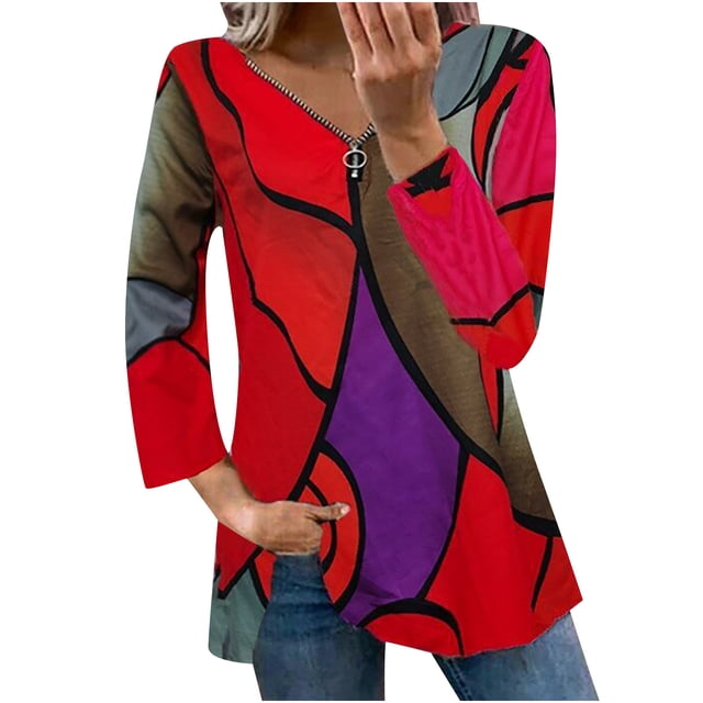 Pompotops Ladies Colorblock Printed V-neck Zipper Casual Loose Long Sleeve Top