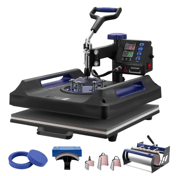 KFFKFF 15 x 15 inch Heat Press Machine, 8-in-1 Transfer Tool with 30 oz Tumbler Attachment, 360° Swing-Away Design, Digital Controls, Teflon-Coated Surface, Suitable for T-Shirts, Mugs, Hats, Plates