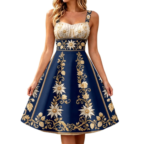 Xijirk Women Bavarian Dirndl Midi Dress Sleeveless Sweetheart Neck High Waist Folk Edelweiss Floral Print for Oktoberfest Festival Themed Party Cosplay Events,L
