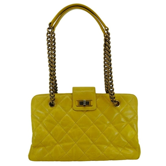 Pre-Owned CHANEL Reissue Glazed Quilted Leather Tote Shoulder Bag Yellow