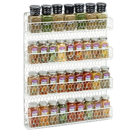 4 Tier Country Metal Chicken Wire Spice Rack from 1790, Cabinet, Pantry, or Wall Mount - This Rustic Hanging Organizer is Tiered for Maximum Storage - Up To 36 Herbs & Spices - Easily Mounted, White