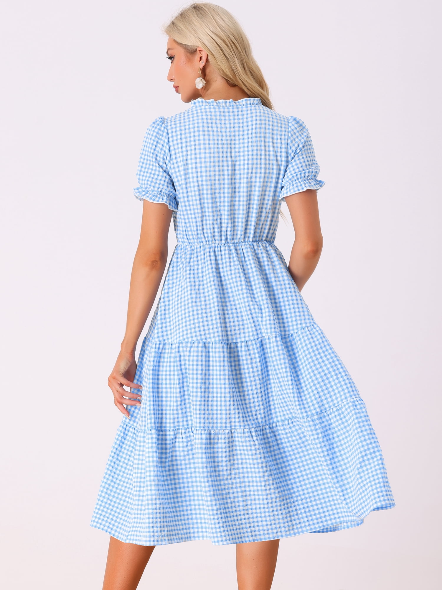 DARING DIVA Women's Gingham Summer Ruffle Trim V Neck Button Decor Dresses XS Blue