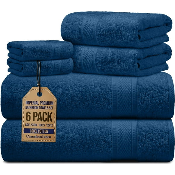 Canadian Linen Serviettes Imperial, Lot de 6 (Ensemble de Serviettes de Bain, Main, Visage) Légères Séchage Rapide Douces Absorbantes en Coton pour Salle de Bain Maison, Bleu Marine