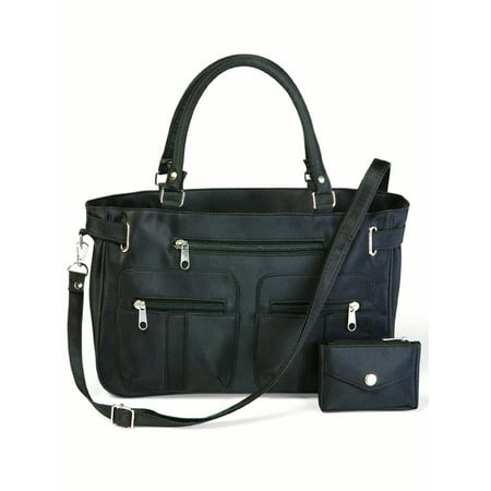 Women's Stylish Double-Handle Zippered 6-Pocket Microfiber Handbag and Matching Coin Purse, One-Size, (Best Black Designer Handbags)