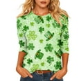 thumbnail image 2 of LEKWK St Patricks Day Shirt White Striped Shamrock Round Neck 3/4 Sleeve Casual Tops Clover Graphic Splice Festival Tee, 2 of 6