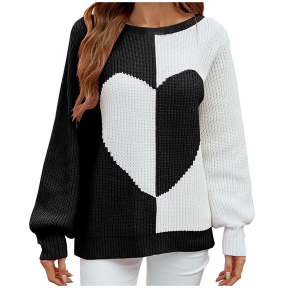 Fall for Savings ! BVnarty Sweaters for Women Oversized Sweaters Knitting Fashion Dialy Warm Casual Pullover Sweater Color Block Heart Print Boat Neck Long Lantern Sleeve Black L