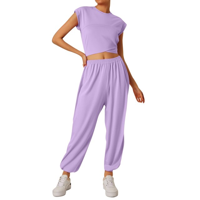 Womens 2 Piece Tracksuit, Cropped Top & Sweatpants with Pockets, Casual Set for Lounging/Sports