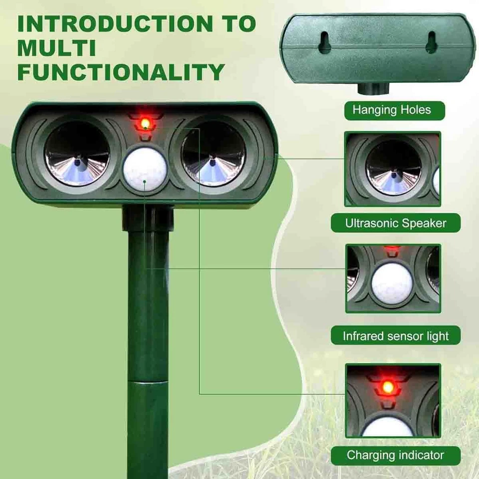 Solar Ultrasonic Animal Repellent Dog Skunk Deer Raccoon For Garden Farm Yard