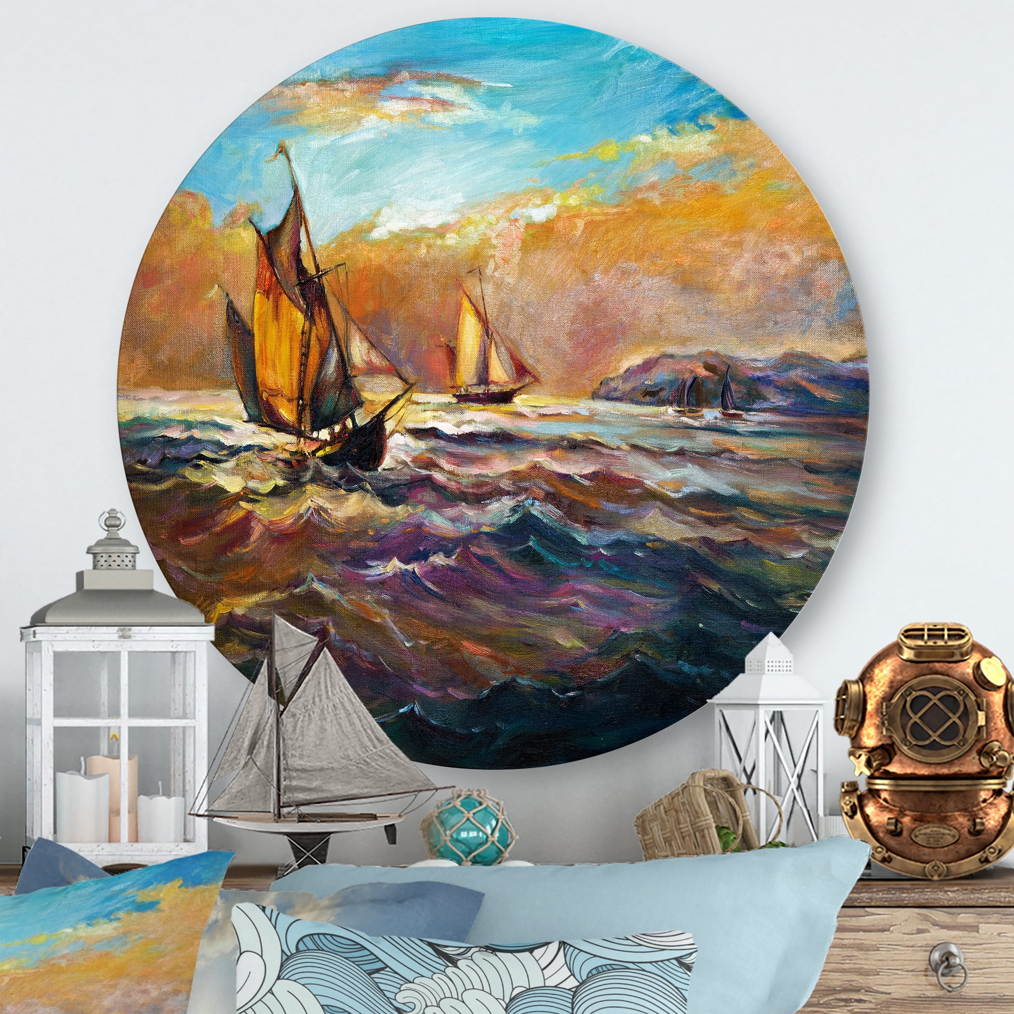 Designart 'Boats During Evening Sunset In The Ocean II' Nautical & Coastal Circle Metal Wall Art 23x23 - Disc of 23