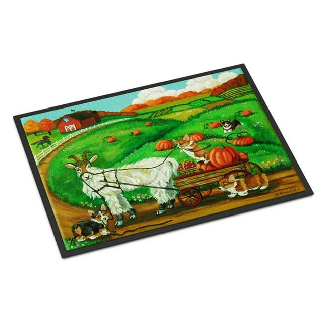 Carolines Treasures 7414MAT 18 x 27 in. Corgi Pumpkin Ride with Goat Indoor or Outdoor Mat