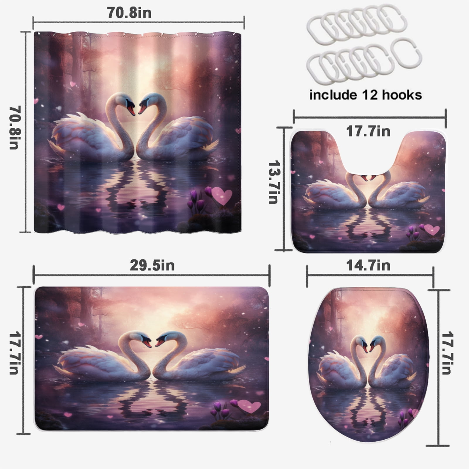 Floral Swan Shower Curtain Set Watercolor Spring Flower Dreamy Lake Romantic Couple with Non-Slip Rugs, Toilet Lid Cover and Bath Mat, Durable and Waterproof, for Bathroom Decor Set, 72x72 Inch