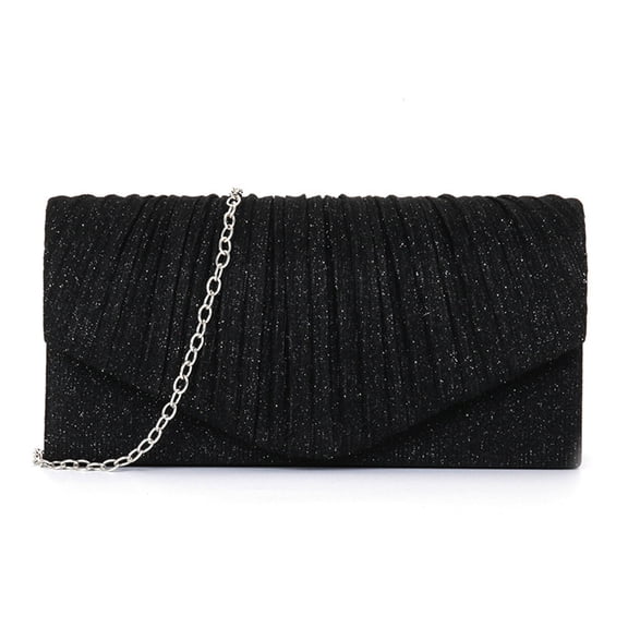 HUISZJ Evening Purse Pleated Clutch Bag, Women Shiny Evening Clutch Purse, Chain Starp Crossbody Bag for Wedding Party Cocktail (Black)
