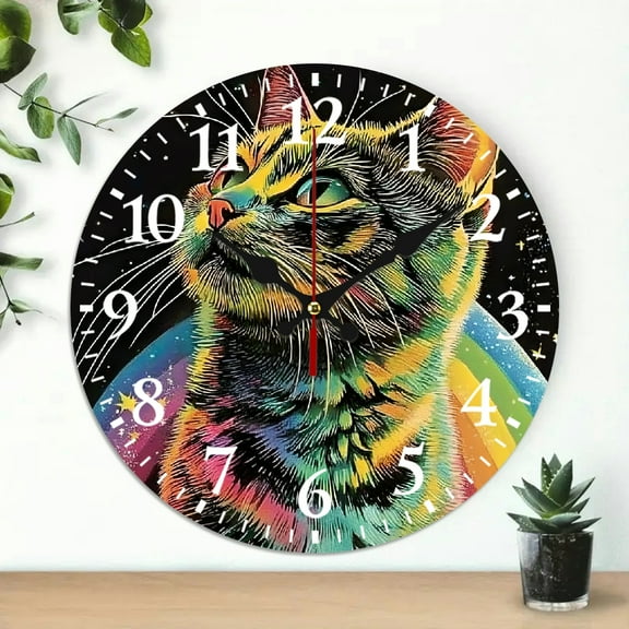 Wall Clock, cat rainbow stars Print, Battery Operated (AA Not Included), Perfect for Living Room, Dorm, Bedroom, Kitchen, Home Office & More, Wall Clock Living Room