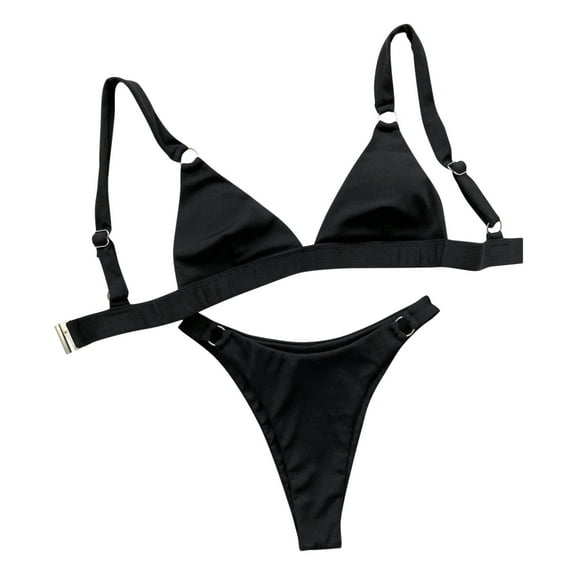 QLEICOM Womens Swimsuits Tummy Control Plus Size Swimsuit Coverup Bikini Solid Set Swimsuit Two Piece Filled Bra Swimwear Beachwear Black S