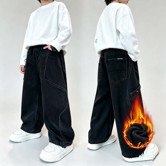 Bovxnpu Boys Jeans Denim Pants Boys Fleece Lined Wide Leg Jeans with Pockets Trousers