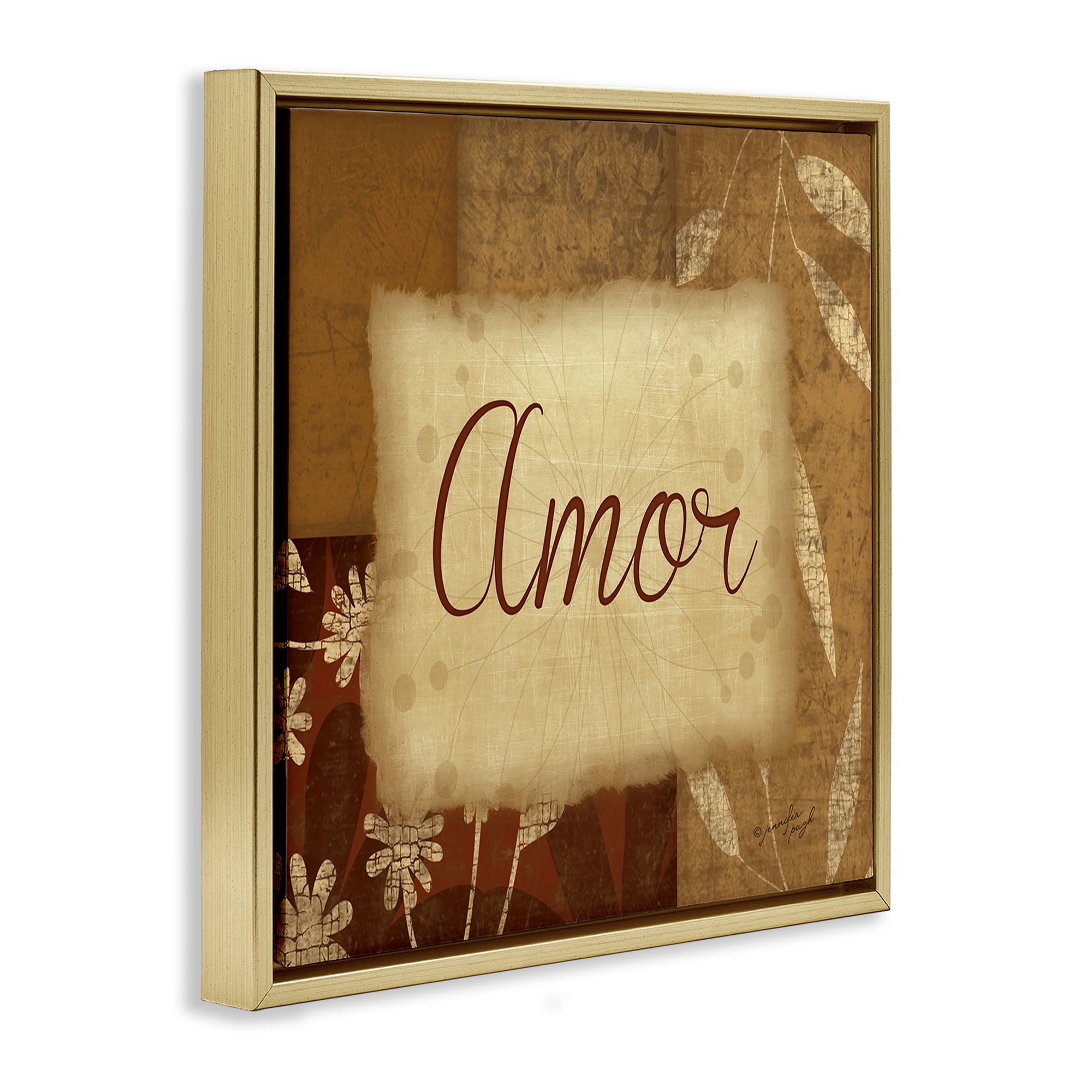 Stupell Industries Amor con Flores Tradicionales Typography and Symbols Painting Gold Floater Framed Art Print Wall Art, 25 x 25