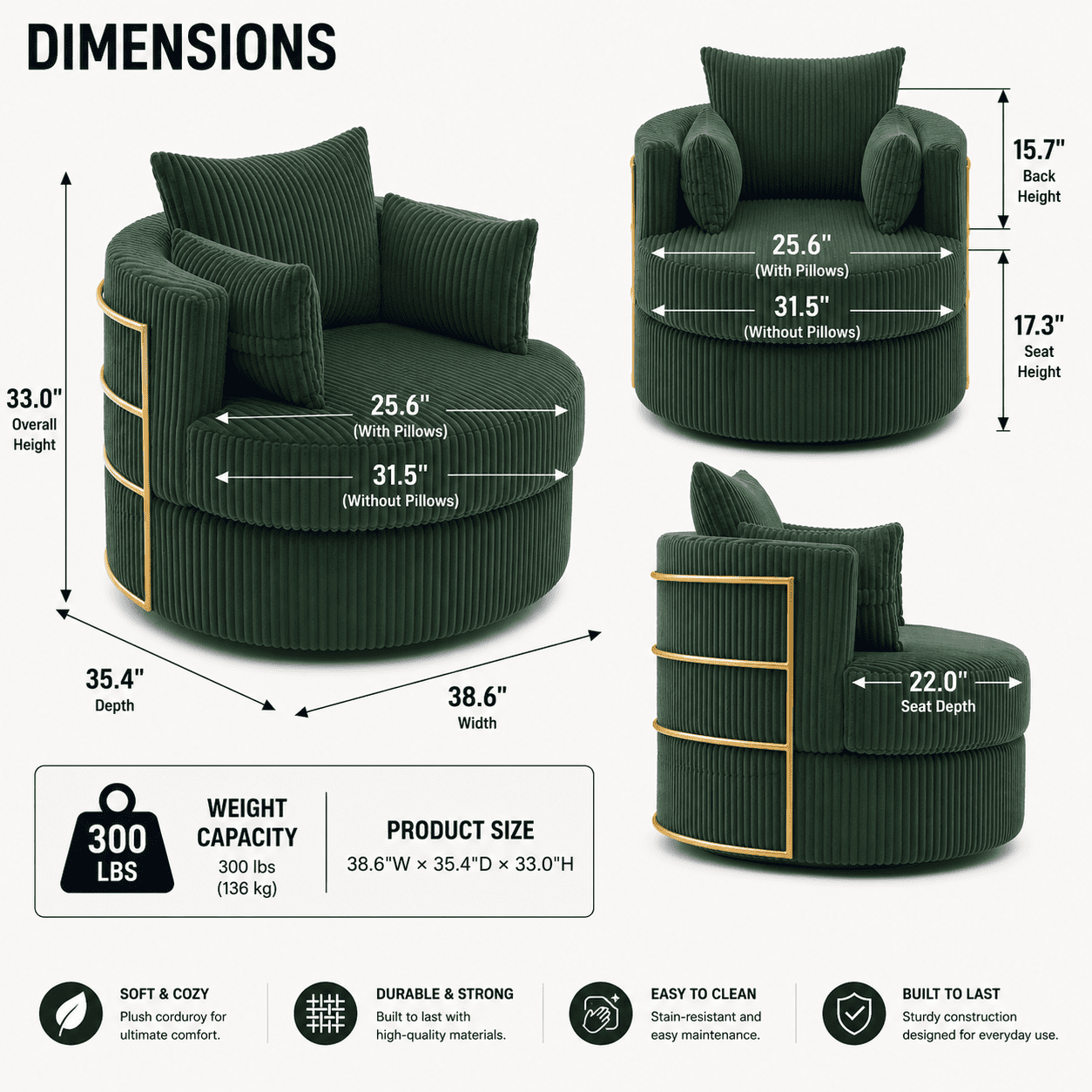 MOONMISS Swivel Barrel Accent Chair with Hidden Storage,Corduroy Round Single Sofa,Gold Metal Frame,for Living Room Reading Nook,Green