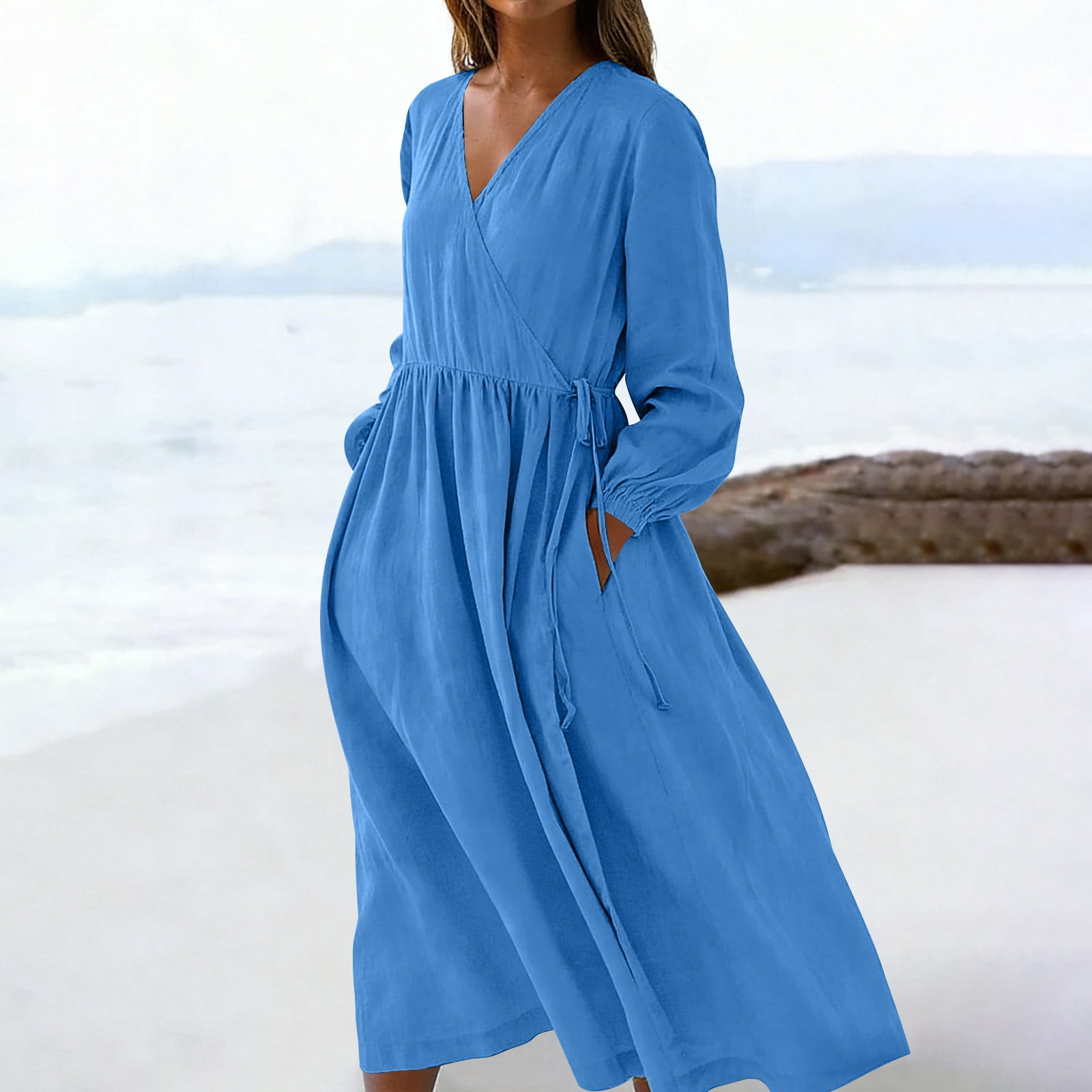 Sentmoon Womens Linen Dress 2026 Comfy Solid Color V Neck Womens Dresses Summer Stretchy Regular Fit Beach Supplies for Daily and Commute Blue M