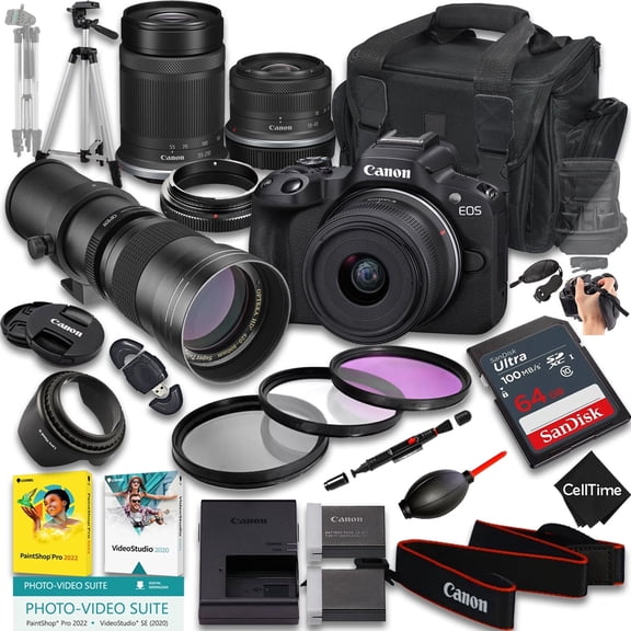 Canon EOS R50 Mirrorless Camera with RF-S 18-45mm f/4.5-6.3 IS STM And 55-210mm f/5-7.1 IS STM & 420-800mm f/8 Lens   64GB Memory   Extra Battery   More (24pc Bundle) (International Version)