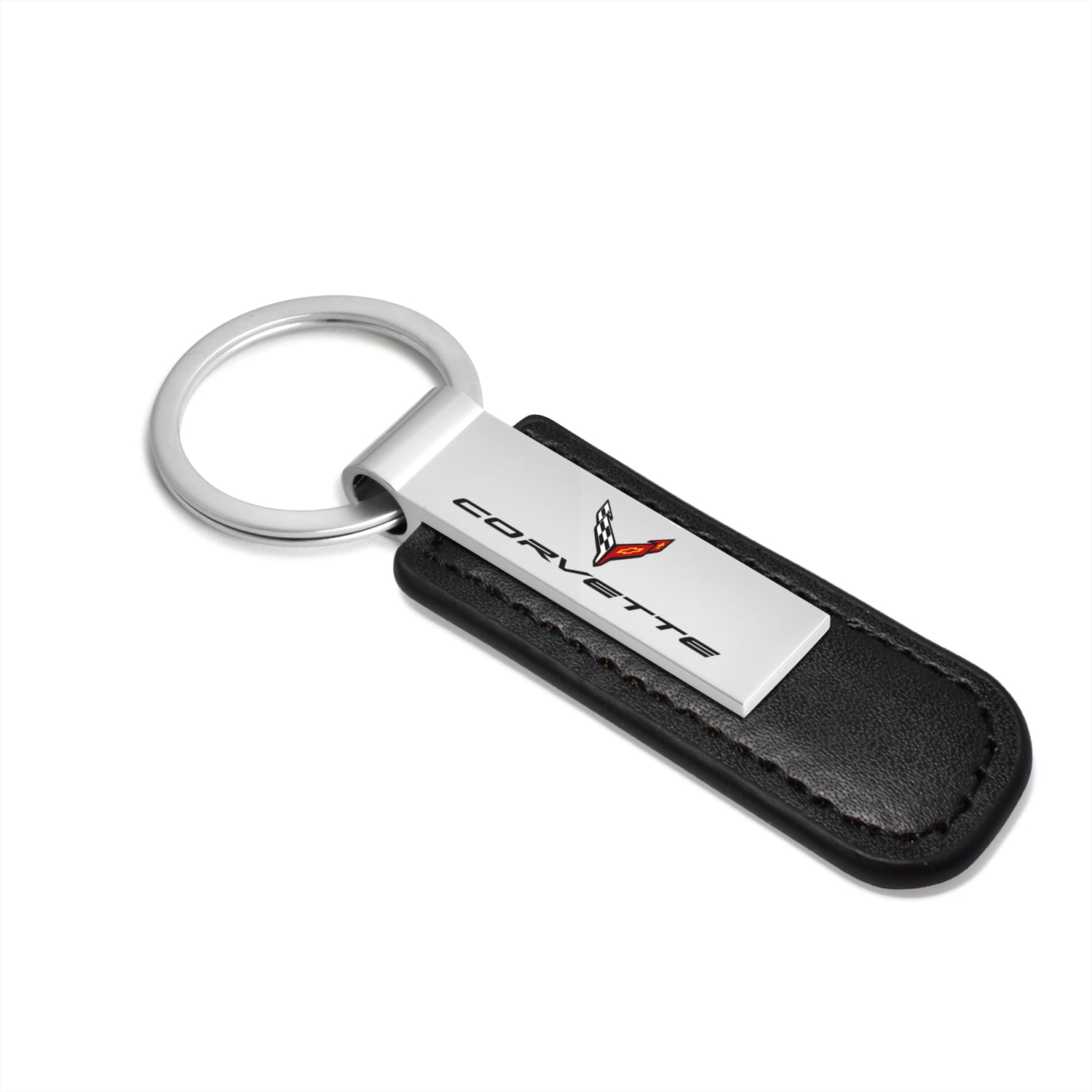 iPick Image for Chevrolet Corvette C8 Silver Metal Plate Black PU Leather Strap Key Chain, Official Licensed