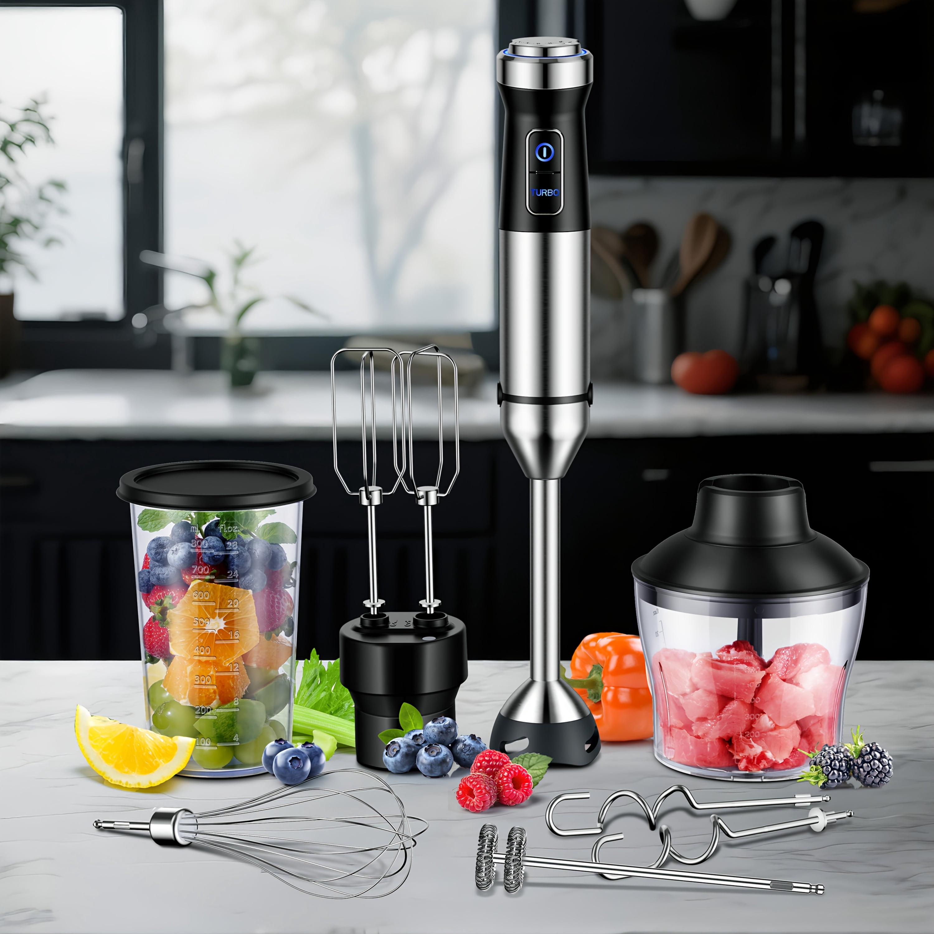 1000W 6-in-1 Immersion Blender Handheld - 20 Speed with Turbo Mode, Titanium Scratch-Resistant Blades, Includes Dough Hooks, Egg Beaters, Whisk, 800ml Beaker & 600ml Chopper, BPA-Free